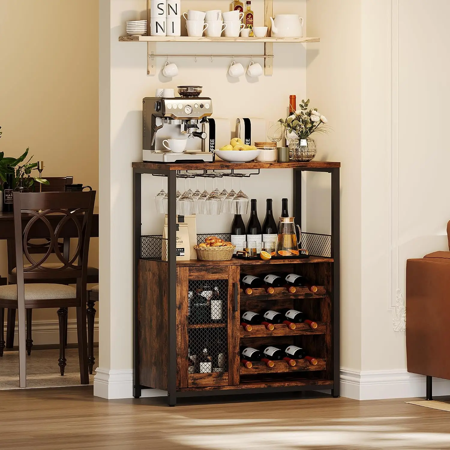 Vintage 3-Tier Bar Cabinet with Adjustable Shelves Glass Holders Mesh Door Wine Storage , Customized
