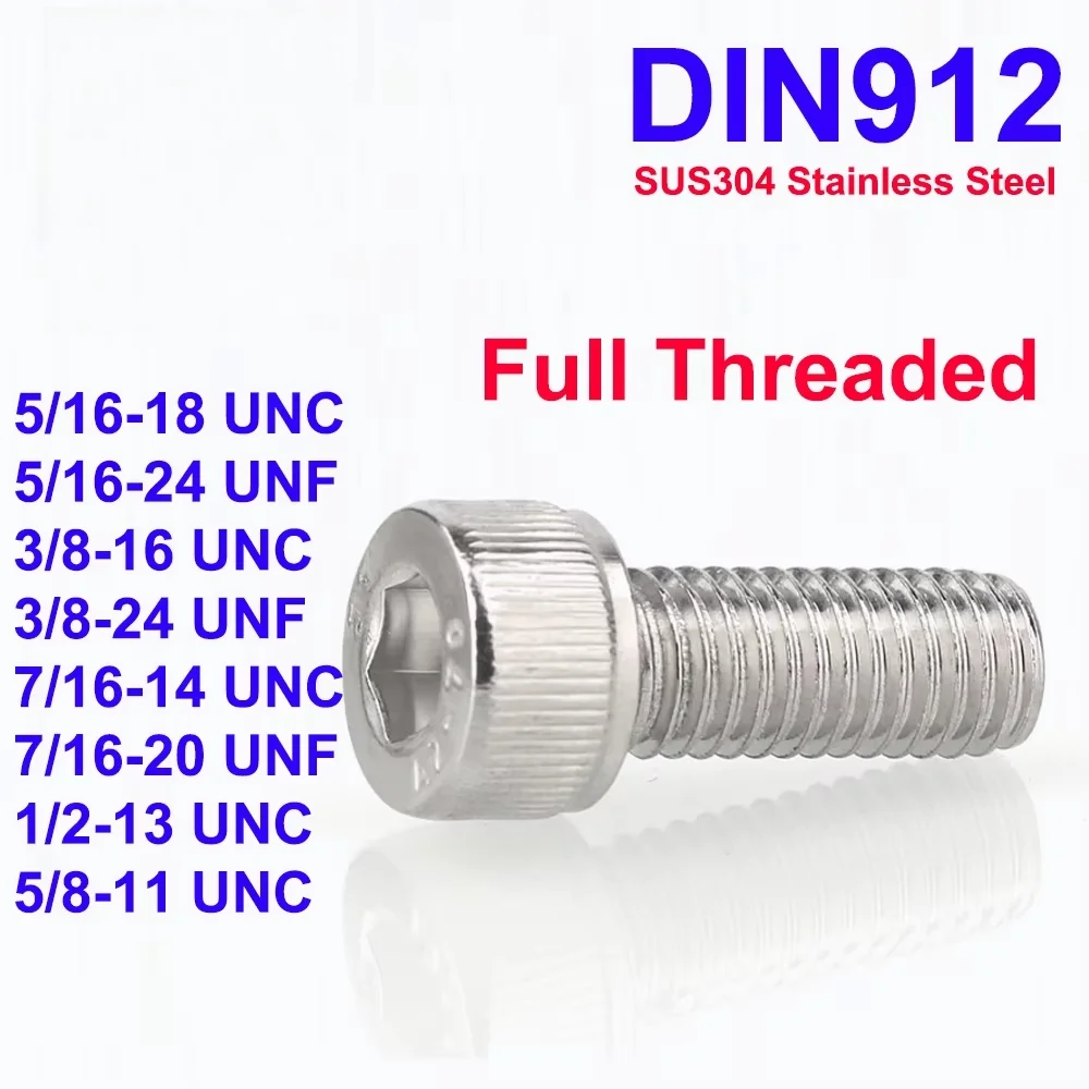 DIN912 5/16 3/8 7/16 1/2 5/8 UNC UNF Thread SUS304 A2 Stainless Steel Hex Socket Knurled Cap Head Bolts Allen Key Screws