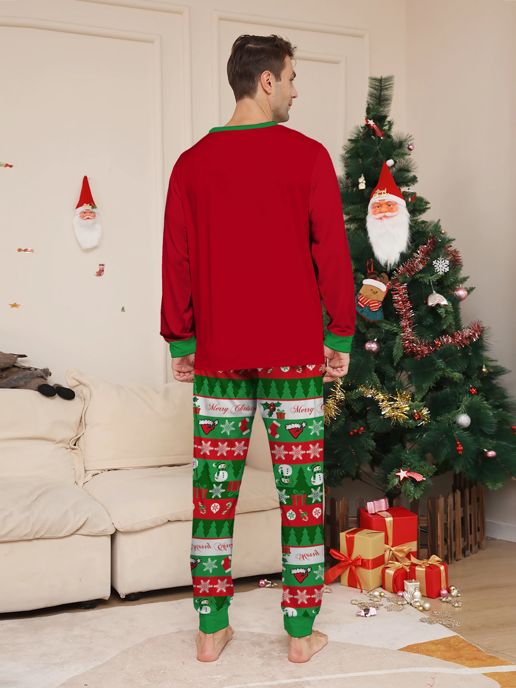 커플 크리스마스 잠옷 세트 - 레드 '눈사람 프린트' 탑 & 그린-레드 체크무늬 크리스마스 바지
