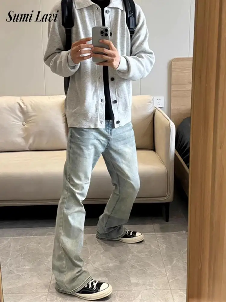 Fashionable Mens Turn-down Collar Button Knitted Cardigan Striped Texture Long Sleeve Daily Casual Autumn Winter Outerwear Men