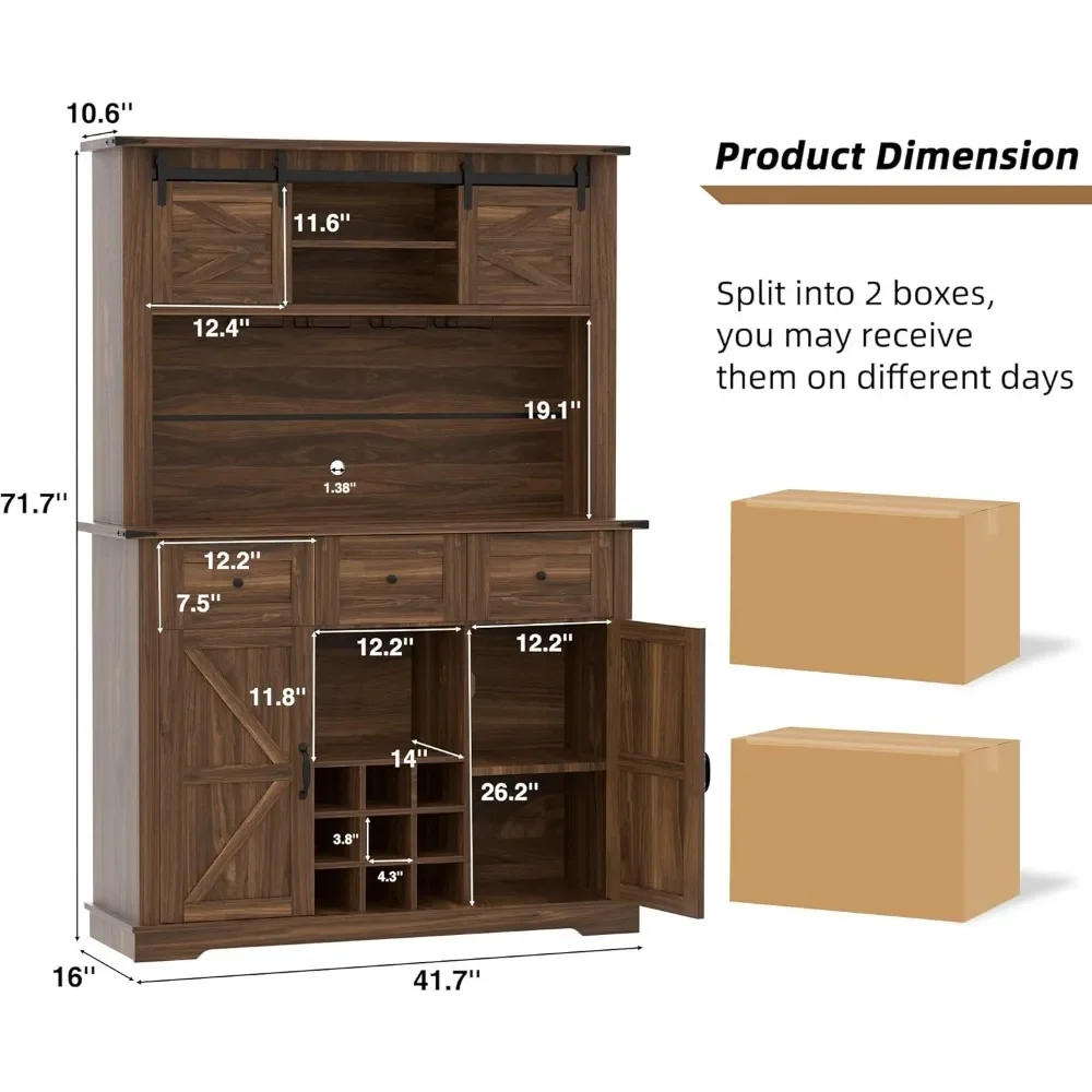 Szafka kawowa, wysoka spiżarnia kuchenna, szafka 72", szafka na alkohol ze stojakiem na butelki wina, szafka Hoosier z 3 szufladami