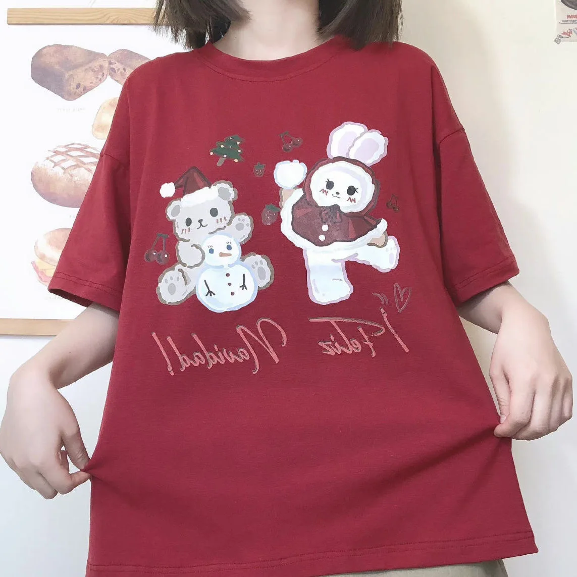 Japan Cartoon Print  Women Y2K Casual Tshirt Sweet Cute Bear Summer T shirt ForLoose Short Sleeve Tops JK Girls Oversized Tee