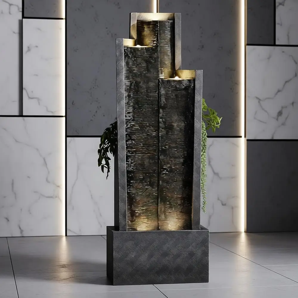 

49.6" H Modern Water Outdoor Fountain,Garden Cascading Indoor Resin Water Fountains Tall Floor - Standing Fountain with LED Ligh