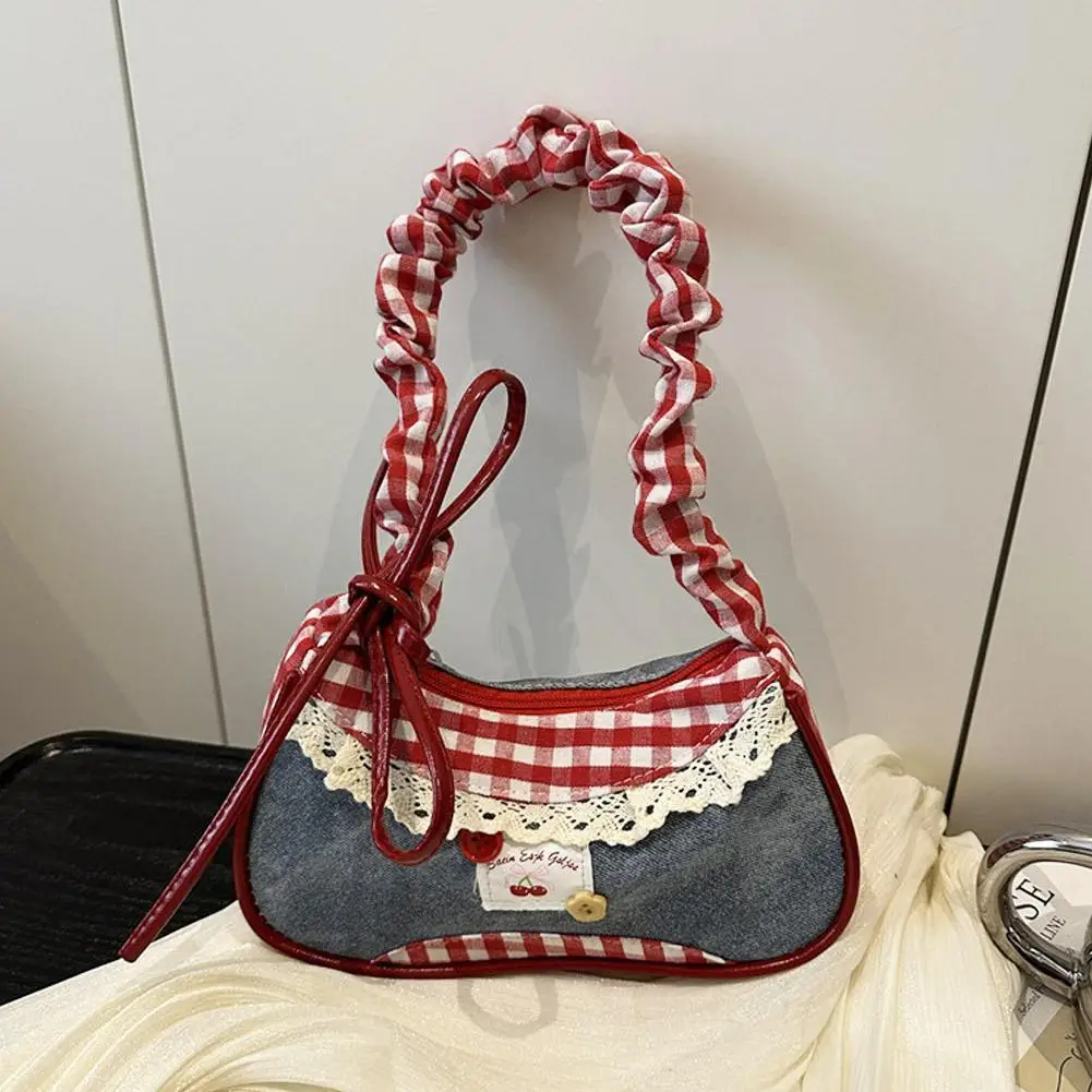 Fashion Grid Women Bag Lace Ribbon Stretchable Shoulder Strap Single Shoulder Underarm Bag Daily Commuting Student Handbag