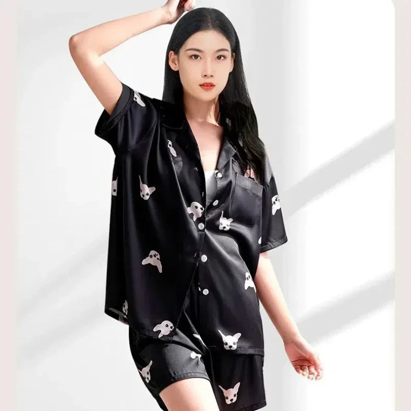 

Пижамный комплект для пар из 100% тутового шелка, женские рубашки с длинными рукавами и брючный костюм, мужские шорты с короткими рукавами и милым принтом PJS