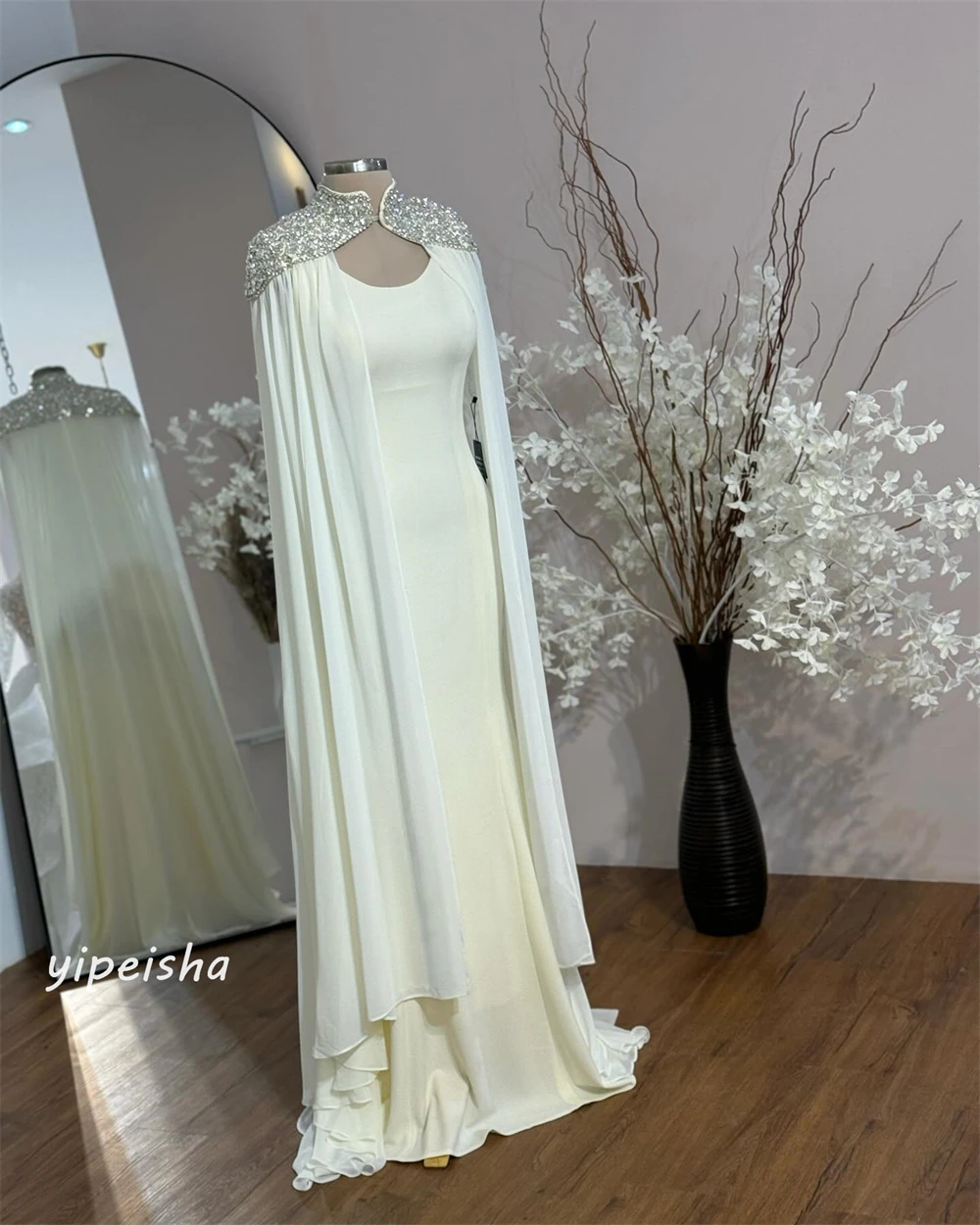 Chiffon drapierte geraffte Cocktail party A-Linie O-Ausschnitt maßge schneiderte Anlass Kleid lange Kleider