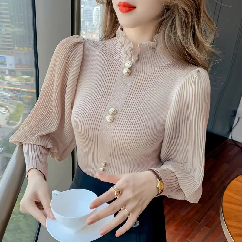 Temperament Autumn Sweaters Women\'s Mock Neck Solid Button Chiffon Patchwork Lantern Sleeve Fashion Slim Long Sleeve Knit Tops