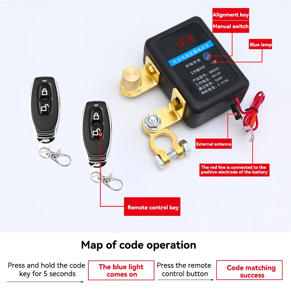 DC 12V Automatic Power Shut Off Switch Disconnect Switch 260A Remote Battery Cut Off Switch for Car SUV for Car Truck SUV