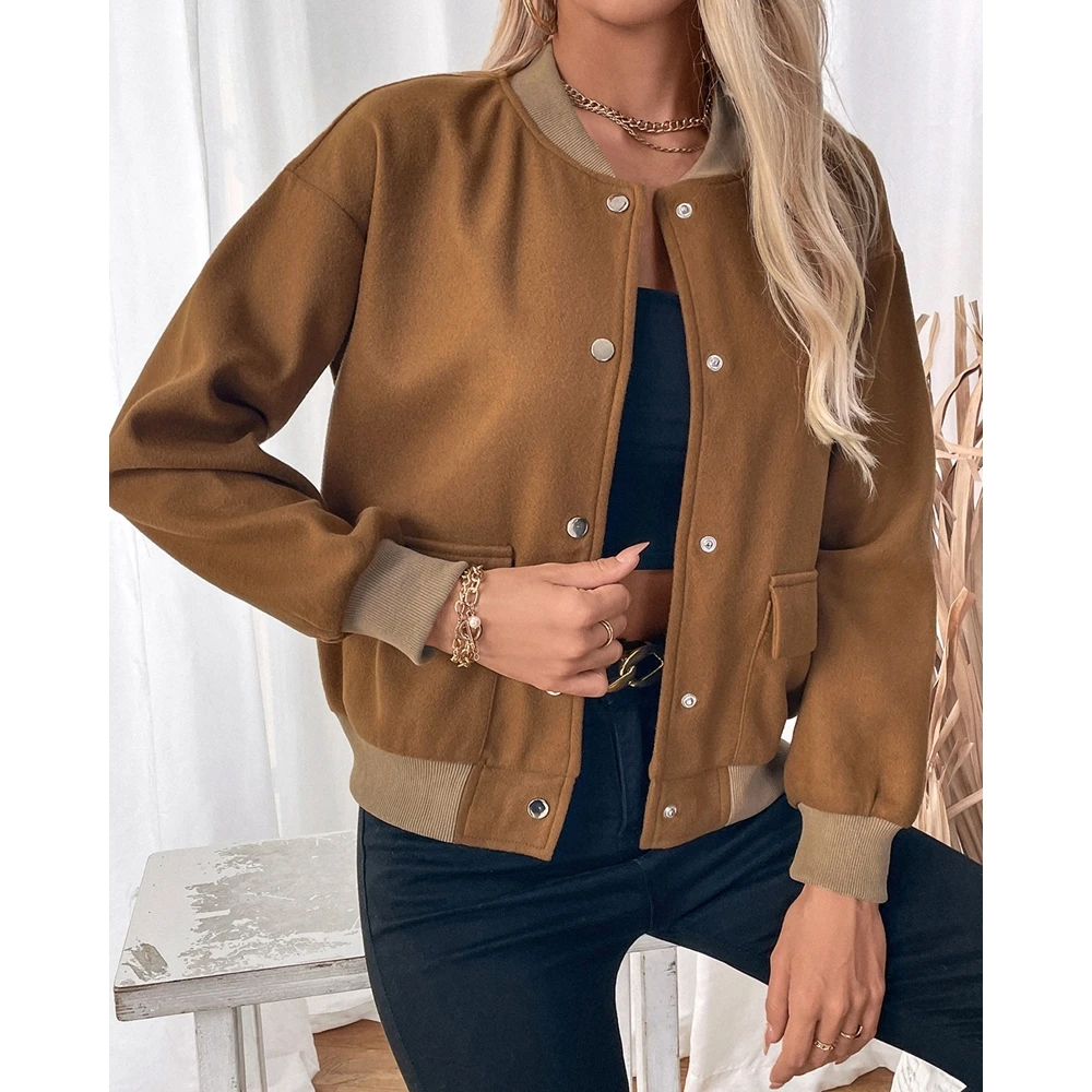 

Autumn Winter Casual Women Vintage Contrast-Color Baseball Jackets With Pockets Open Front Snap Button Coats for Outfits