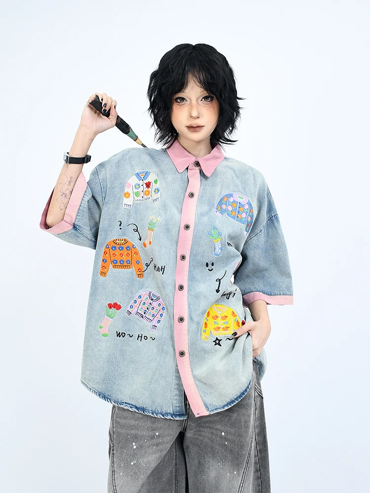 

OV Original American Retro Embroidered Waed Denim irt Loose ort Sve Men Women Summer Trendy Street Sle Cotton Pure
