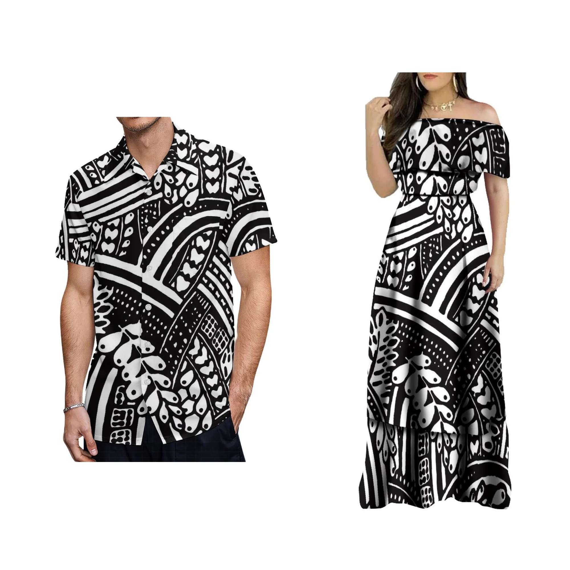 Hawaii Women Elegant Long Double Layer Party Dress Custom Polynesian Tribal Layered Ruffle Off Shoulder Dress