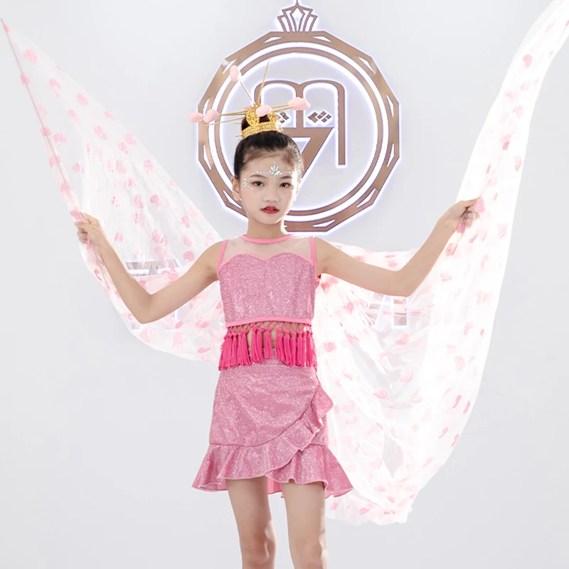 

Children'S Stage Catwalk Outfit Pink Sequins Butterfly Wings Top Skirts For Girls Jazz Dance Costume Performance Wear XS4427