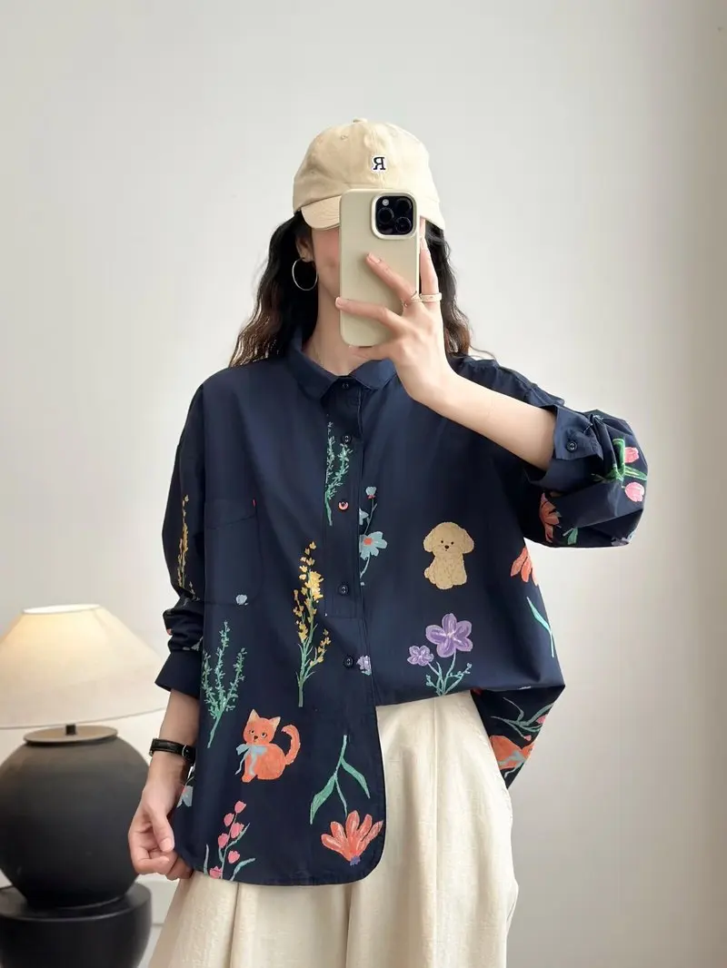 جديد 2025 الخريف قميص قطني بكم طويل ، المرأة بدوره إلى أسفل طوق طباعة ، موري فتاة الفرنسية تخفيض العمر بلوزة فضفاضة T5O676CC #4