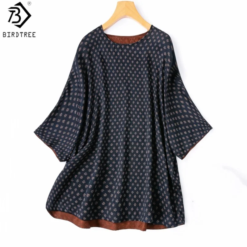 

Birdtree, 100% Silk Reversible Blouse, O-neck Raglan Sleeve, Women's Twist Luo Xiangyunsha Silk Shirt, 2026 Summer New T66410JF