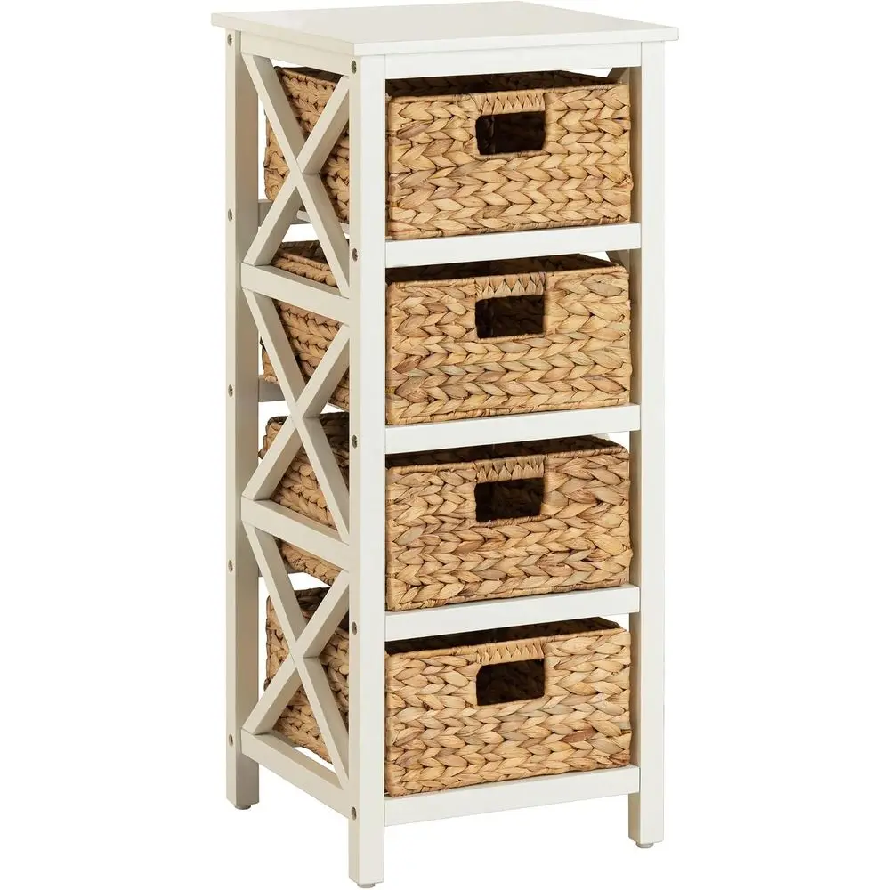 4 Tier X-Side End Storage Cabinet, White | 4 Wicker Baskets, End Table, Side Table