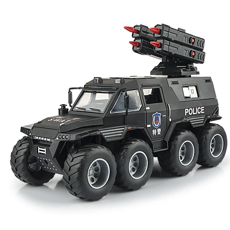 1: 24 Conqueror Shaman Armored Police Car Alloy Model Power Return Sound and Light Ornament Urban Special Vehicle Toy Gift