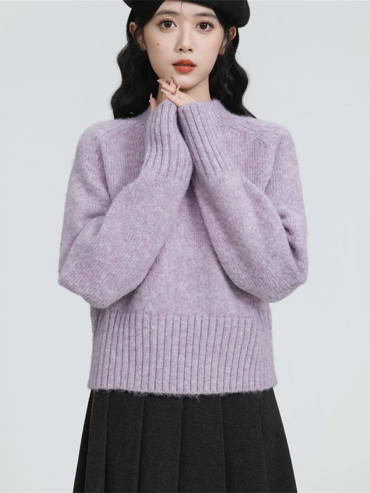 

Женский свитер Thiened свободного кроя, фиолетовый, с высоким воротником, мягкий, уютный, вязаный топ для осени и зимы, новинка, для девочек