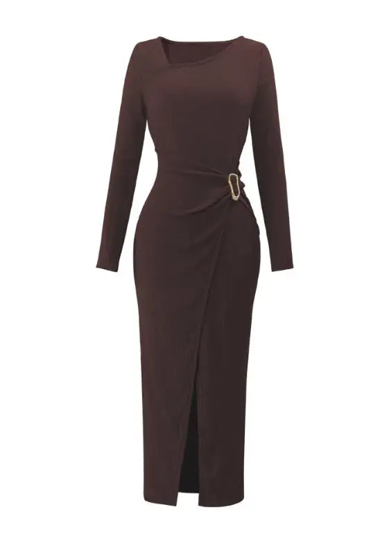 

Slim Fit Women's Dress Spring New Style French Elegant Metal Sheet Decoration Slanted Collar Irregular Slit Bag Hip Party Dress