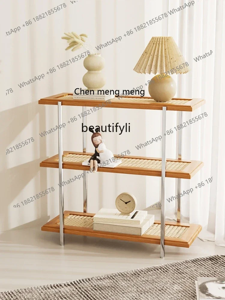 

ss7304 Скандинавская многослойная полка из ротанга из цельного дерева и полка для хранения стеллаж для хранения из нержавеющей стали японский дисплей Stan