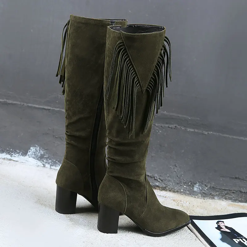 Faux Suede Army Green Olive Beige Western Shoes Round Toe Block High Heels Women Knee High Cowboy Boots With Tassel Fringes