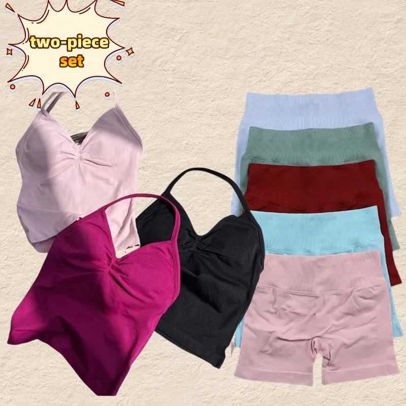 

2025 2 шт., комплект для йоги в тренажерном зале, спортивная одежда, женский бюстгальтер для йоги с воротником, топ, спортивные шорты с высокой талией, летний спортивный комплект