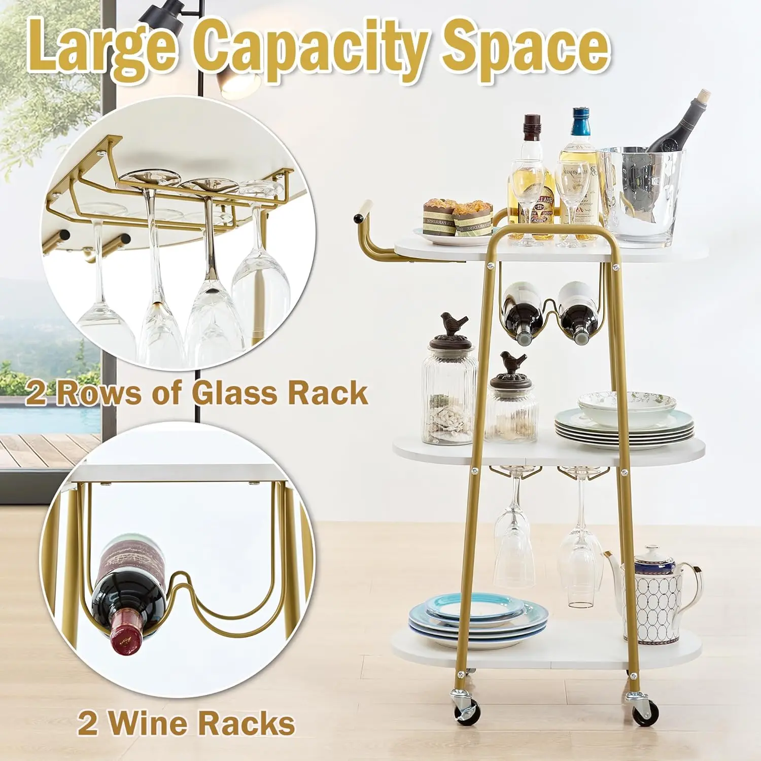 3 Tiers Bar Cart, Home Bar Serving Cart on Lockable Wheels, Rolling Alcohol Cart Modern Wine Cart for Home Kitchen Dining