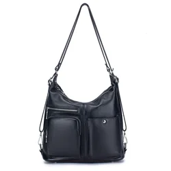 Fashion Casual Genuine Leather Shoulder Hobo Bag for Women Large Capacity Leisure Ladies Handbag Convertible Backpack Purse