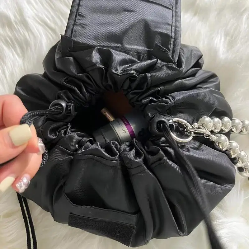 Black Drawstring Cosmetic Bag Organizer Travel Toiletry Storage Make Up Pouch Large Capacity Beauty Case With Bead Chain