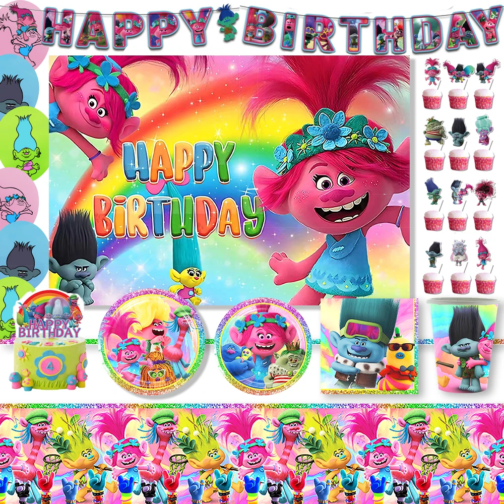 

Cartoon TROLLS-Theme Magic Hair Child Elf Birthday Party Disposable Tableware Cake Topper Decoration Background Supplies Gifts