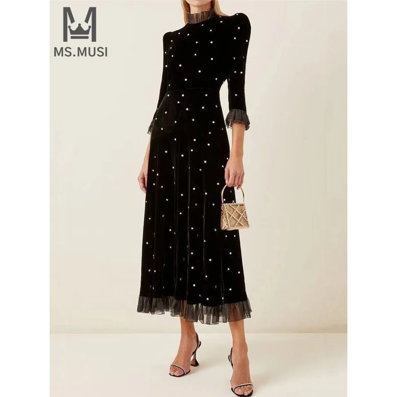 

MSMUSI 2024 New Fashion Women Sexy Dot Printing Lace Mesh Falbala Ruffles Draped Long Sleeve Bodycon Party Club Event Midi Dress