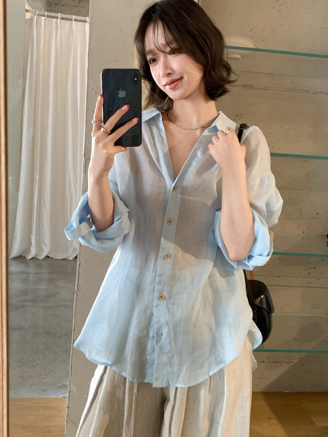 

Loose Fit Summer Shirt Women's Thin Oversize Lazy Style Air Conditioner Outerwear Long Sleeve Collar Stand up Sun Protection