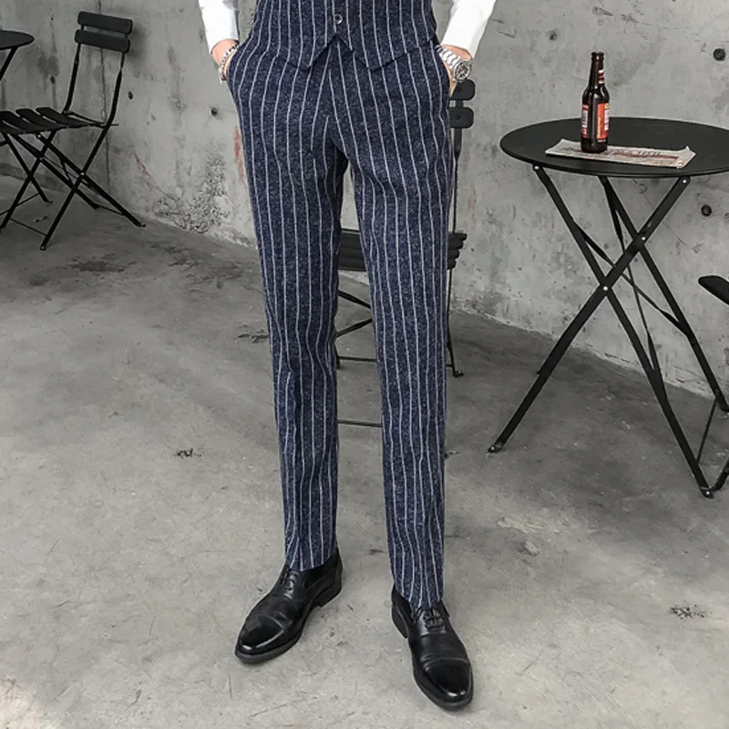 2025 남성용 뉴 버건디 네이비 체크 무늬 캐주얼 정장 바지, 베이지/블루 세로 스트라이프 비철 슬림 소형 다리 작업 바지 남성용