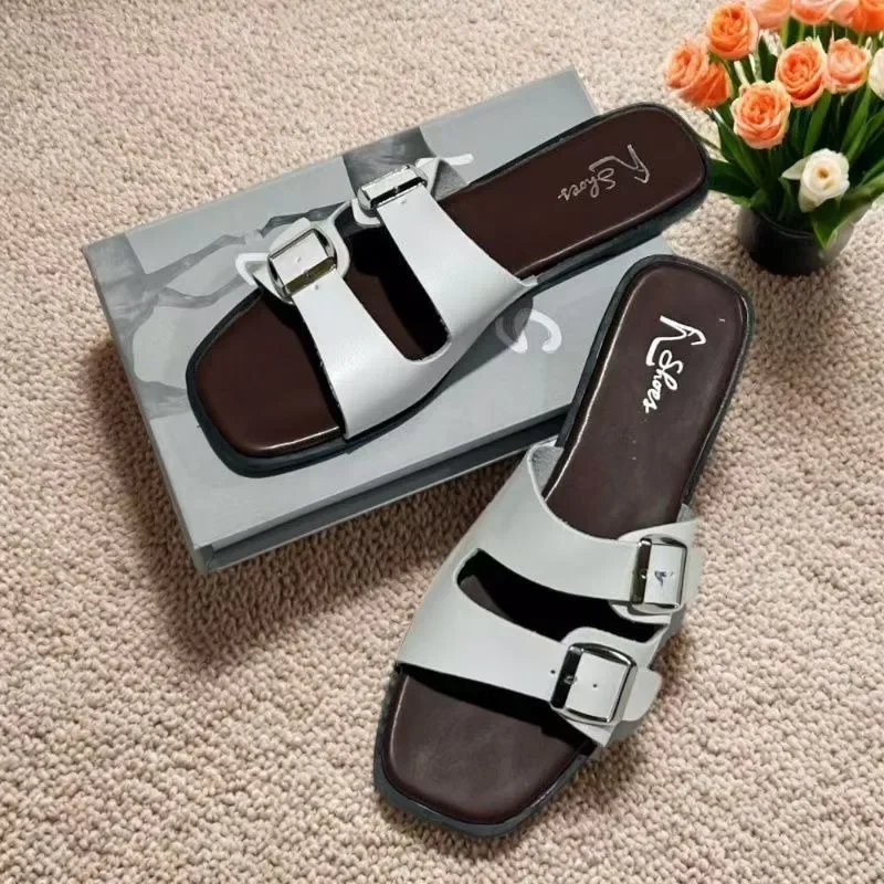 

Feslishaoet Women's Thick Bottom Double Button Sandals Outdoor Flat Flat Dress Slippers Open Toed Slippers