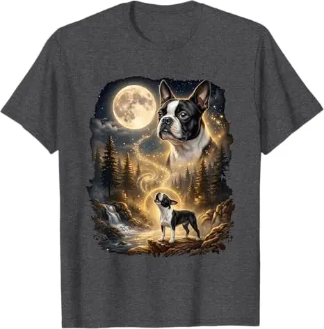 Boston Terrier Howling At The Moon Retro T-Shirt Y2k Majestic Dog Art Graphic Apparel Humor Funny Aesthetic Clothes Saying Tee