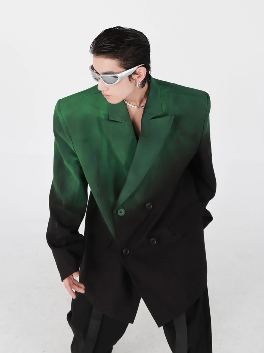 High Street Blazers Men's Black Green Gradient Shoulder Padded Silhouette Suit Jacket Loose and High-end Unisex Suit
