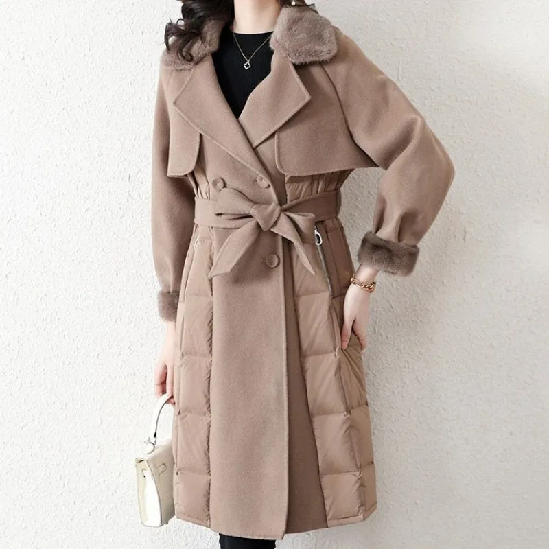 2023 Winter New Women Temperament Lapel Woolen Coat Long Below The Knee Design Patchwork Down Cotton Jacket Large Size Outwear