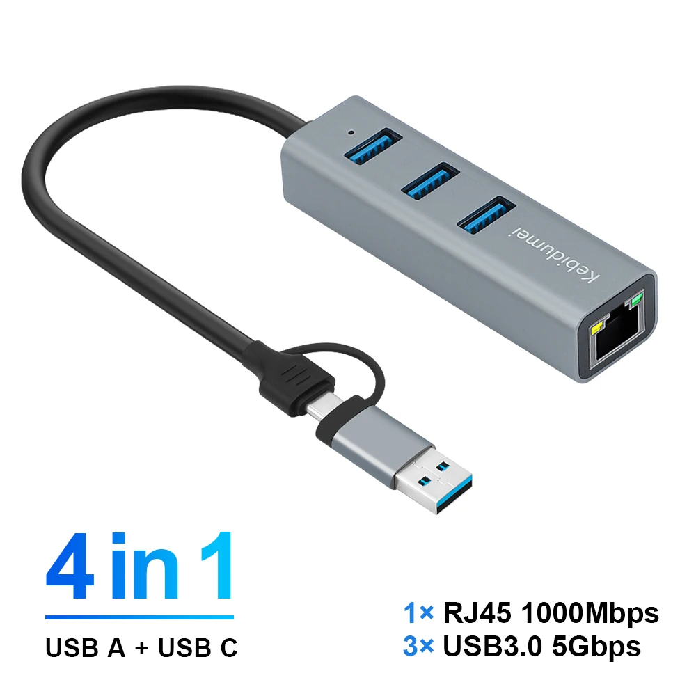 4 في 1 ​ محول USB-C أو USB-A إلى جيجابت إيثرنت مع 3 منافذ USB 3.0 Hub 5Gbps نقل البيانات التوصيل والتشغيل لأجهزة الكمبيوتر المحمول Macbook