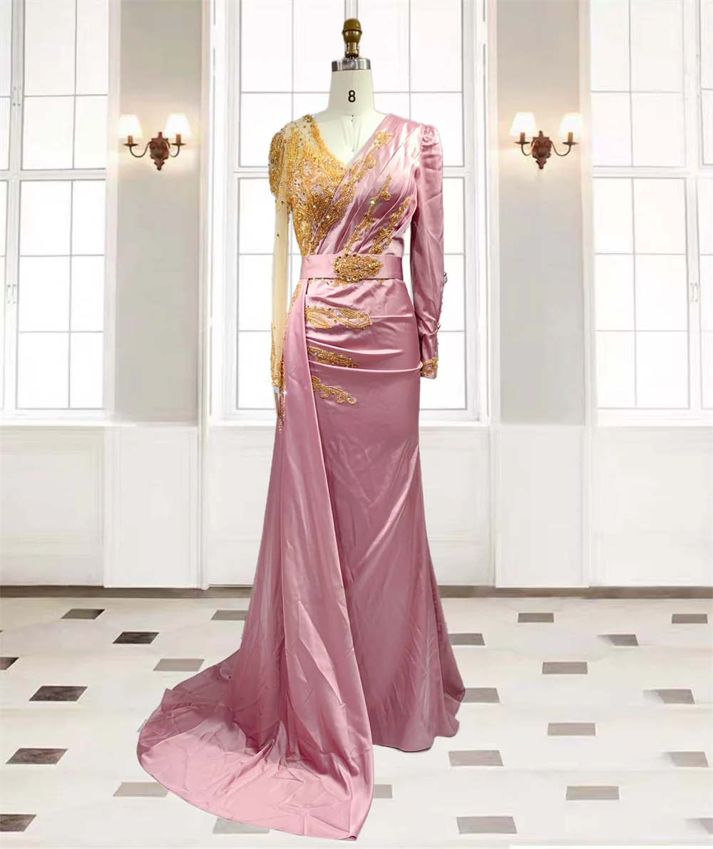 Robe de soirée de forme sirène en Satin pour femmes, élégante tenue de soirée de standing, luxueuse, col en v, avec perles, style dubaï, 2022