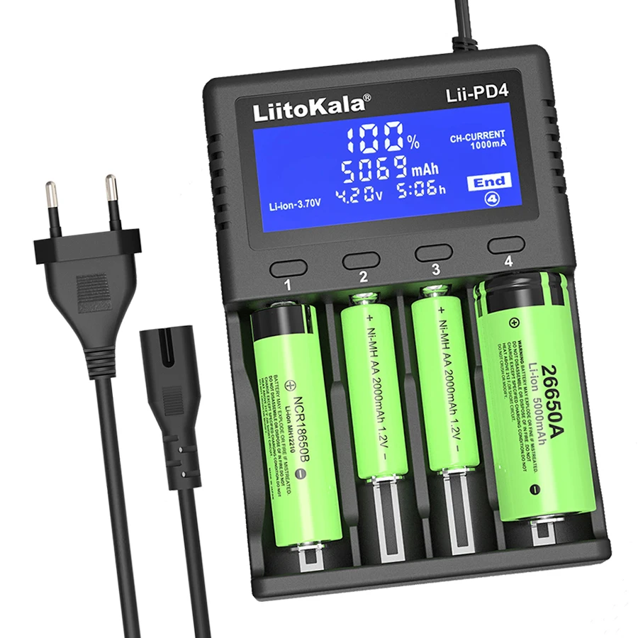 LiitoKala Lii-PD4 Smart 4 Bay Battery Charger LCD Display for 18650 21700 26650 AA AAA NiMH Li-ion LiFePO4 Fast Safe Universal view 2