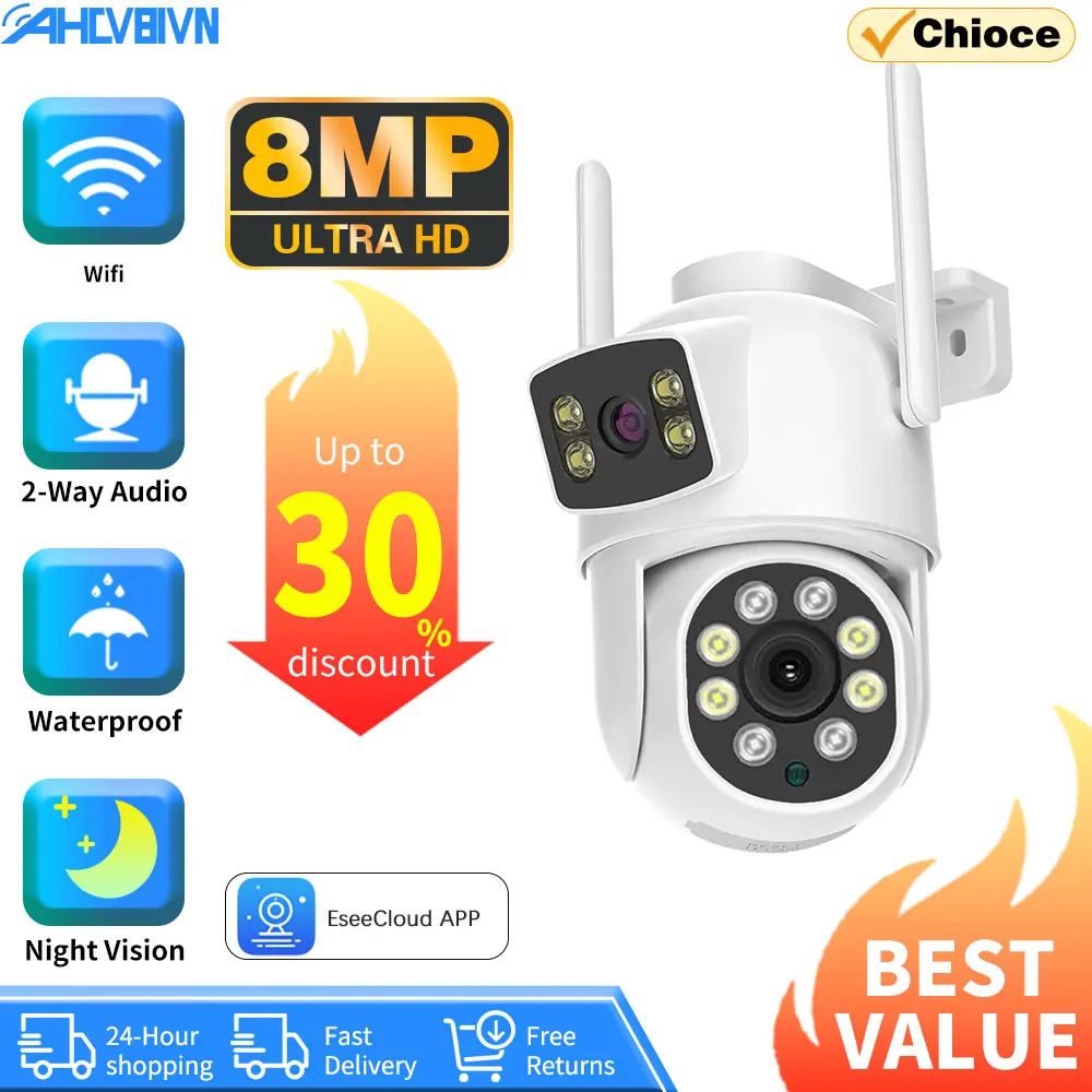 4K 8MP PTZ WIFI Camera,Dual Lens Dual Screen 4MP HD Auto Tracking Outdoor CCTV Protection Surveillance,App:EseeCloud