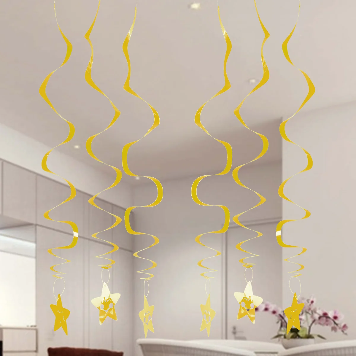 

6pcs Star Hanging Swirl Golden Dizzy Dangler Spiral Ornament For Wedding Birthday Christmas Party Decorations Streamers