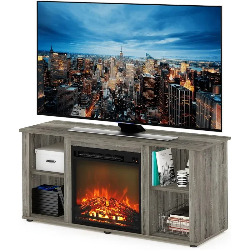 Jensen Fireplace Entertainment Center TV Stand with Open Storage for TV up to 55 Inch French Oak Grey