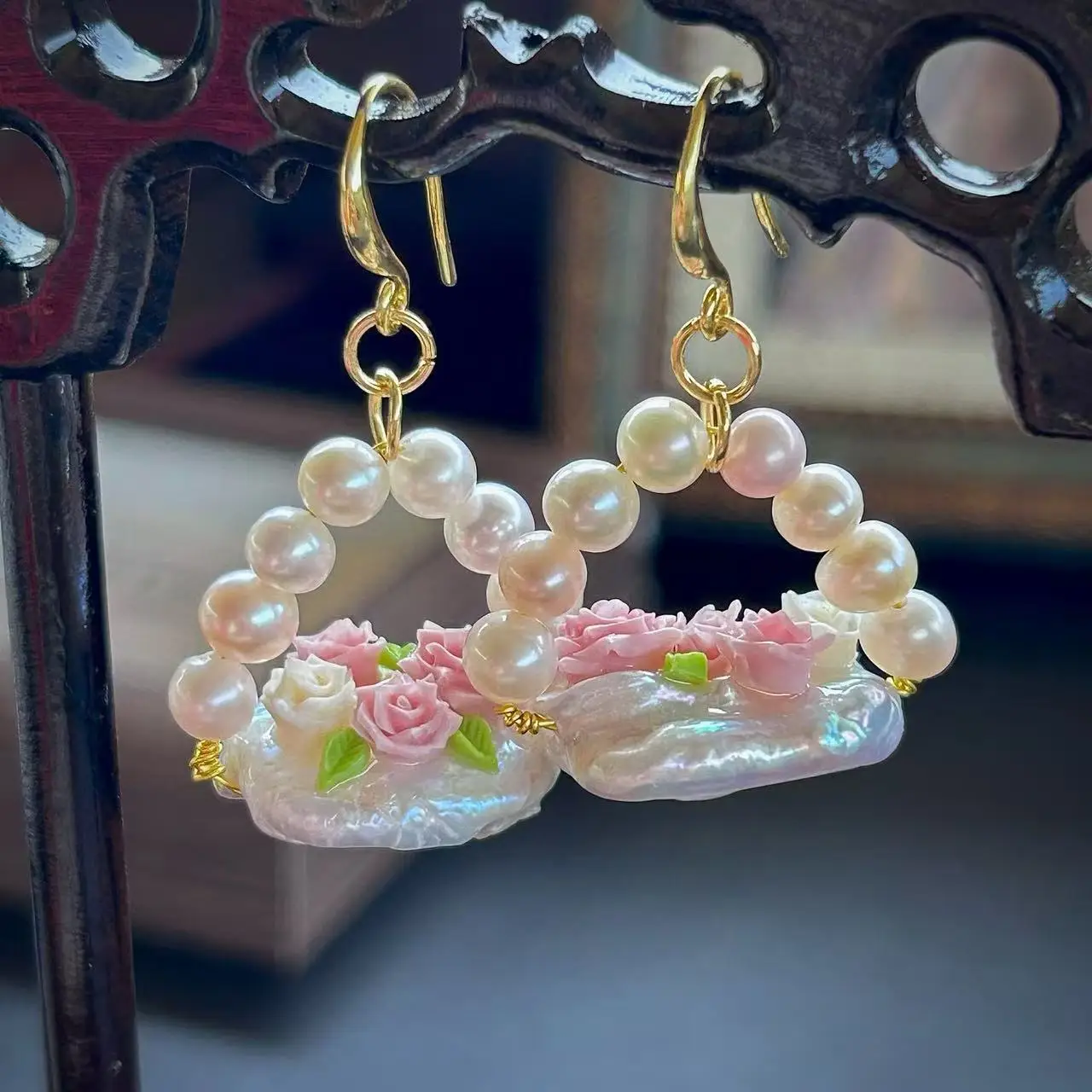 Medieval vinta'ge natural baroque freshwater pearl original design flower series handmade flower basket earrings