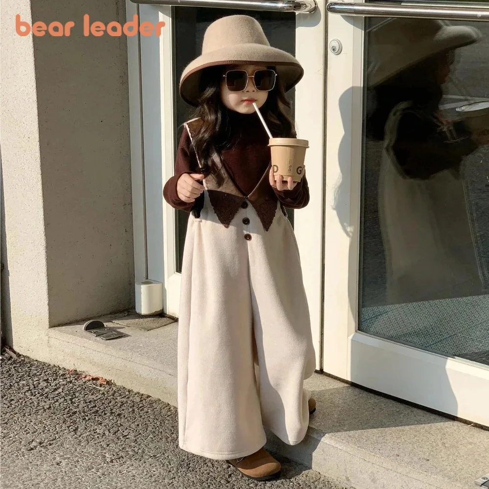 Bear Leader 9 Months To 7 Year Old Baby Girl Clothes Set Spring and Autumn Korean Version Coffee Color Half Collar Top+Jumpsuit