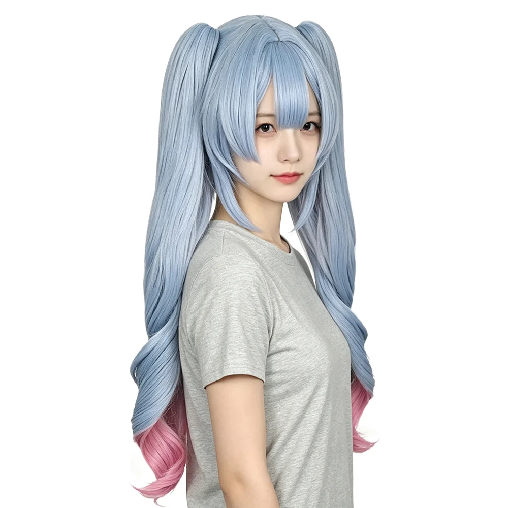 Anime Miku Rabbit Hole Cosplay Wig Sky Blue Pink Ombre Twin Tails Detachable Pigtails Long Wavy Heat Resistant Synthetic Hair view 3