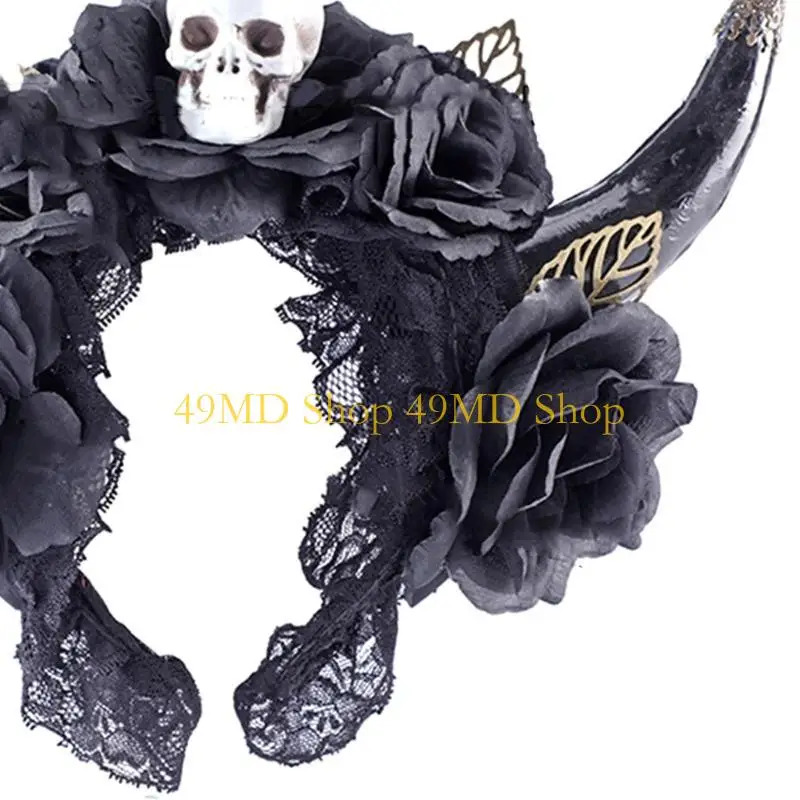 

49MD Artificial Sheep Horns Headband Flower Decor Hair Hoop for Halloween Cosplay