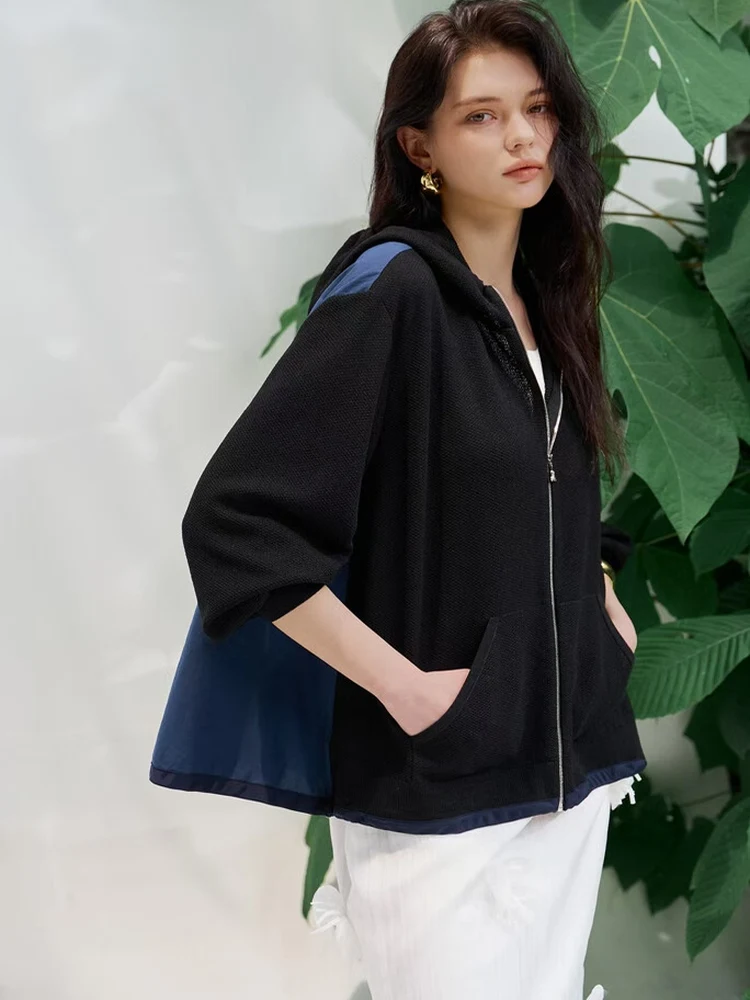 Coreano Sle Casual Allentato Lavorato A Maglia Splice Cardigan Aperto Estate Nuovo Arrivo delle Donne Faion Dimagrante Lungo Sve Cerniera Felpa Con Cappuccio