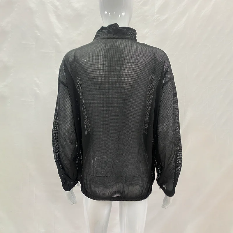 Damen-Mesh-Sweatshirt-Jacke mit Reißverschluss, Stehkragen, Kontraststreifen, Langen Ärmeln, Froschknöpfen, Lockerer Passform, Y2K-Streetwear – Detail 21