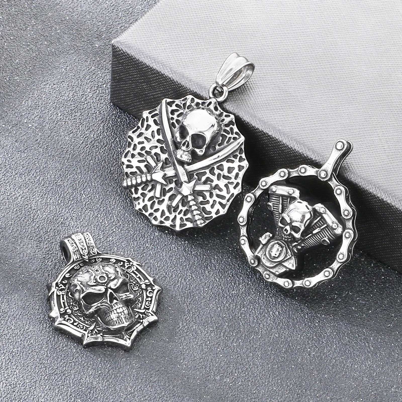Trendy Gothic Stainless Steel Biker Skull Necklace for Men Punk Hollow Round Motorcycle Sword Skeleton Pendant
