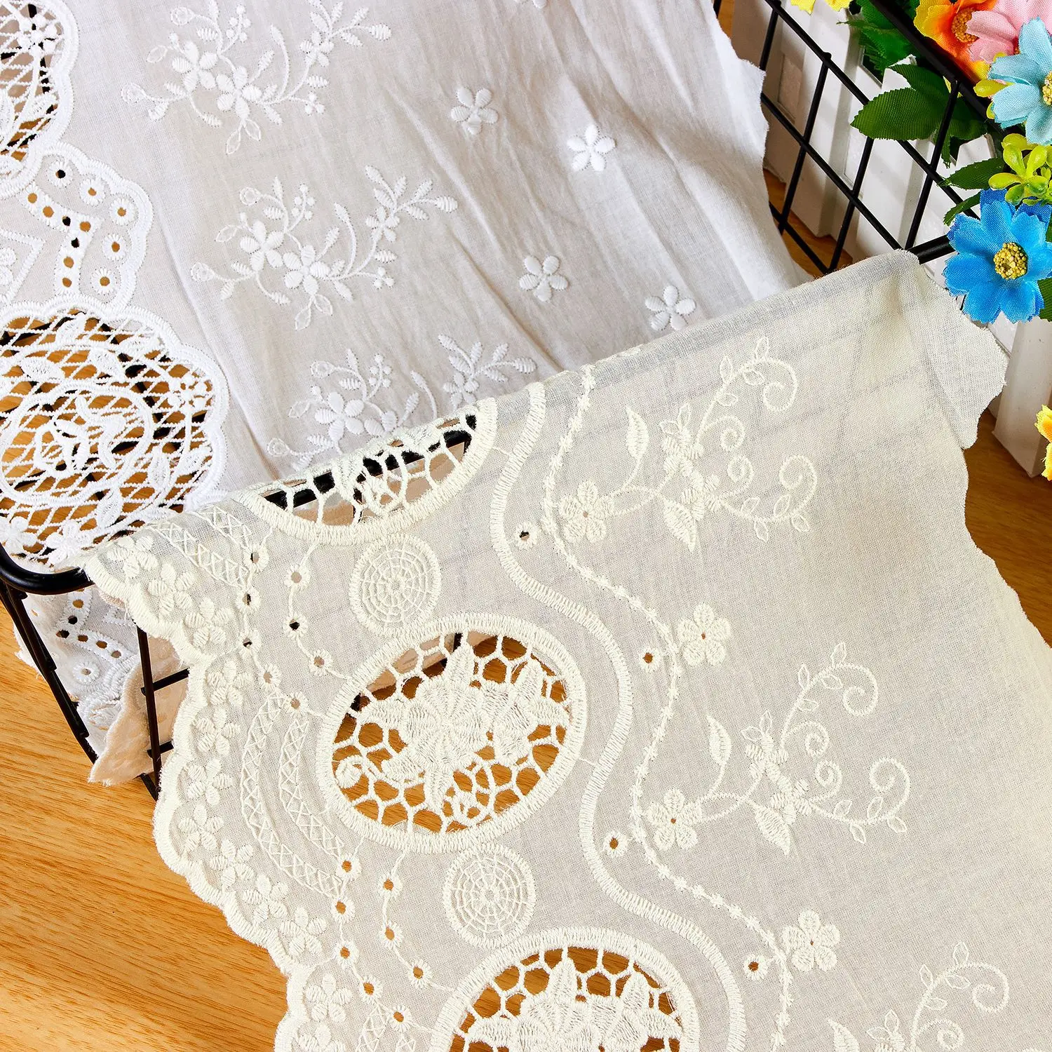 

3 Yards Multi-color Flower Hollow Embroidery Decal Cotton Fabric DIY Wedding Dress Clothing Accessories Home Decoration Fabric